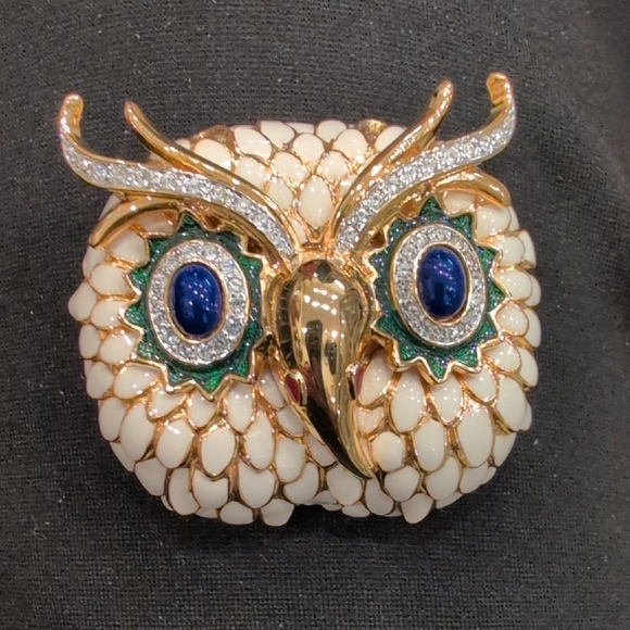 Kenneth Jay Lane Jewelry - Kenneth Jay Lane Cream Enamel Owl Brooch with Blue and Green Accents
